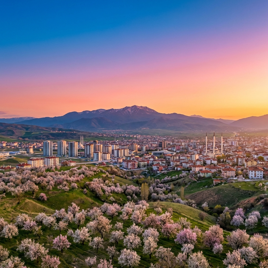 Malatya şehir manzarası ve kayısı bahçeleri